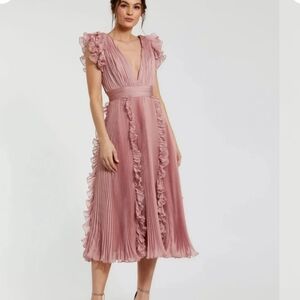 NWT MAC DUGGAL Pink Pleated Ruffled Chiffon V Neck Midi Dress